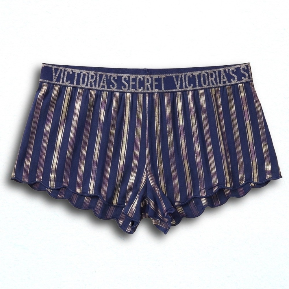 Victorias Secret Navy Gold Metallic Stripe Scallop Pajama Shorts Small
